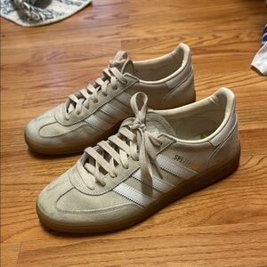 Adidas Tan and White Retro Sneakers with Suede Finish